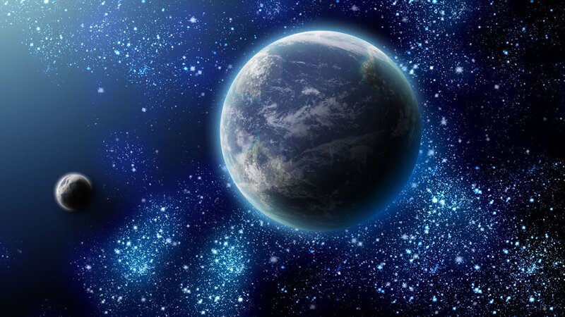 Earth and Moon in Space — Blue, Serene
