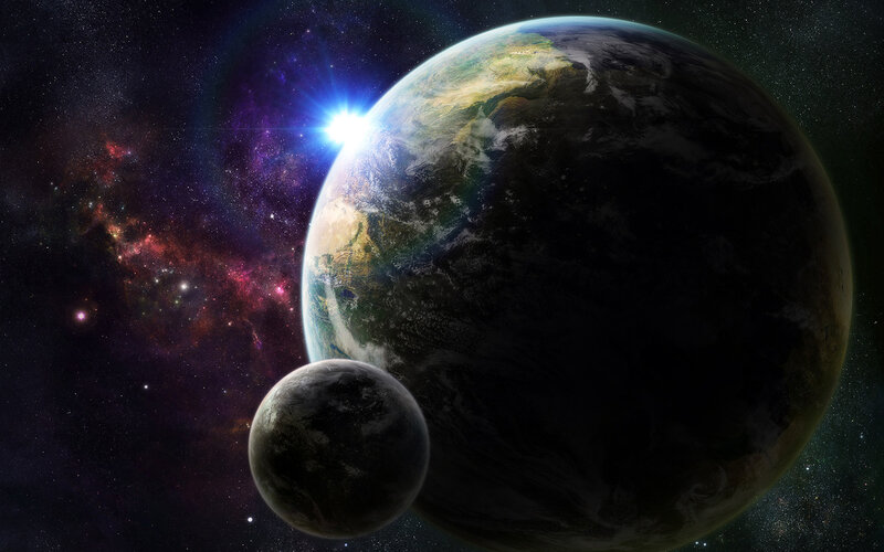 Earth and Moon in Space — Blue