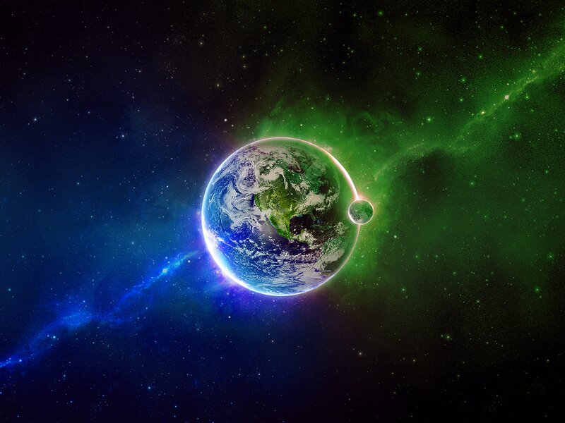 Earth and Moon in Space — Green, Dramatic, Digital Art, Nebula