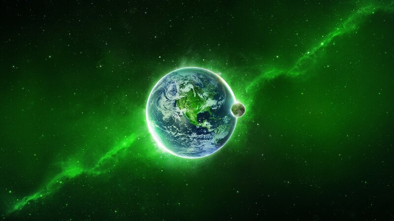 Earth and Moon in Space — Green, Dramatic, Digital Art, Planet