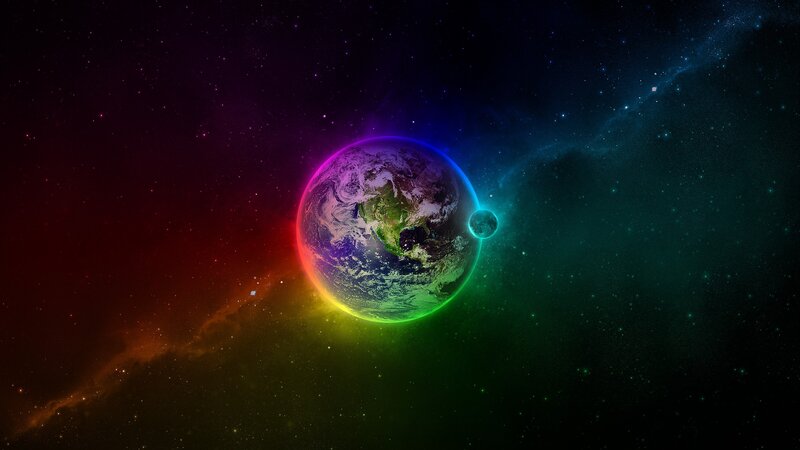 Earth and Moon in Space — Green, Dramatic, Digital Art, Stars, Nebula, Blue, Red