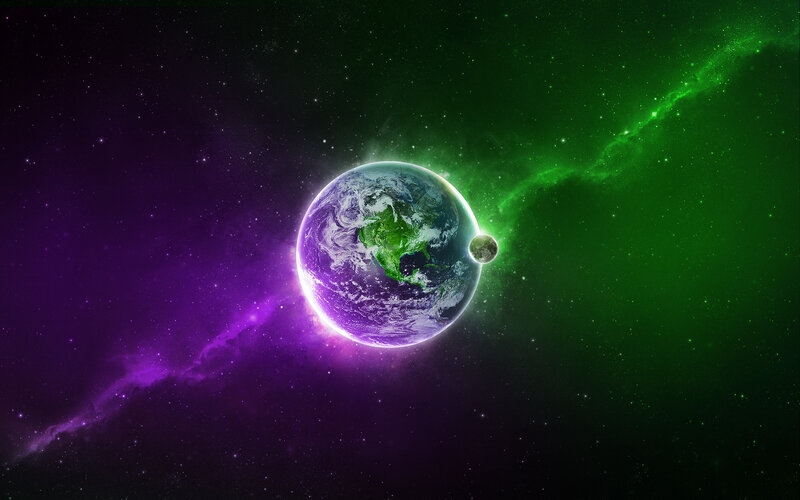 Earth and Moon in Space — Purple, Cosmic
