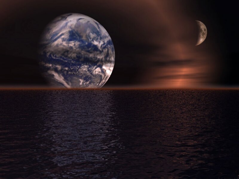 Earth and Moon over Ocean — Blue