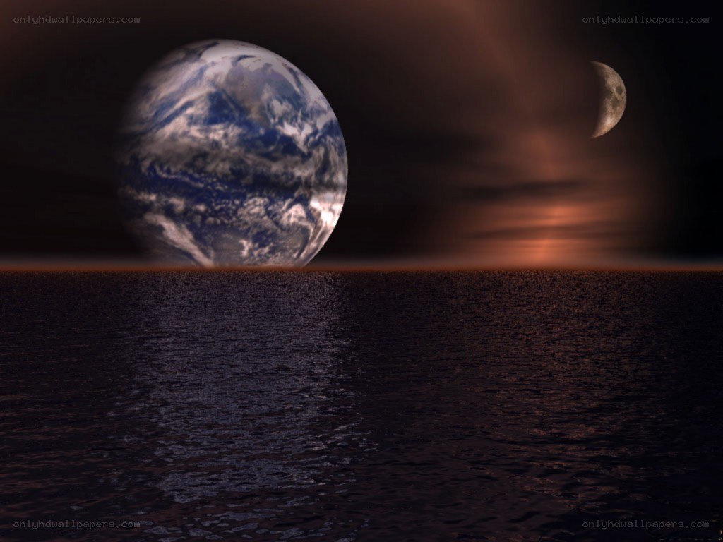 Earth and Moon over ocean