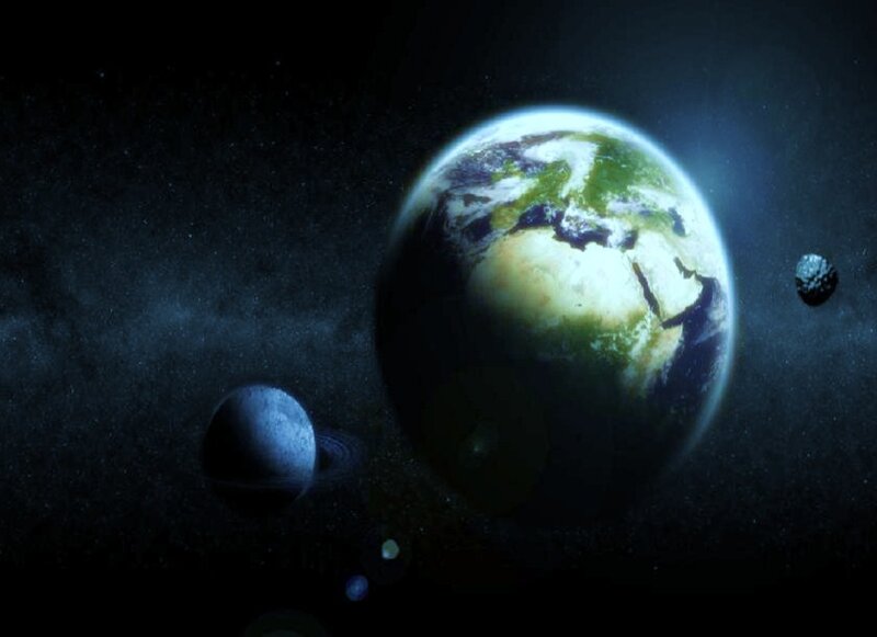 Earth and Moons in Space — Blue, Dramatic, Digital Art, Planet