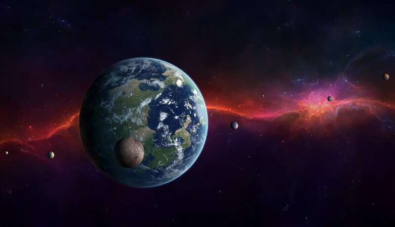 Earth and Moons in Space — Purple, Dramatic, Digital Art