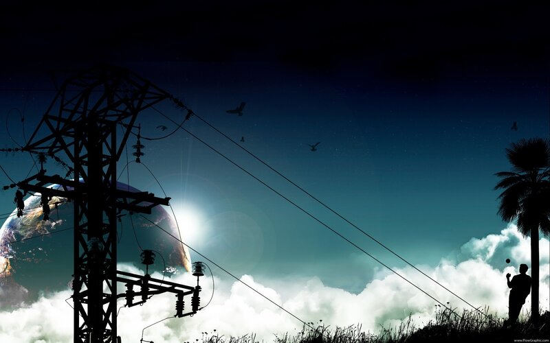 Earth and power lines at night