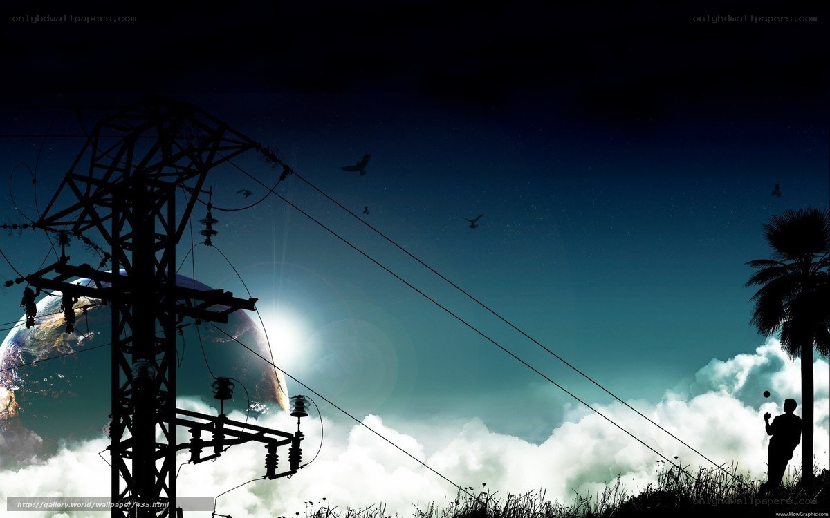 Earth and power lines at night