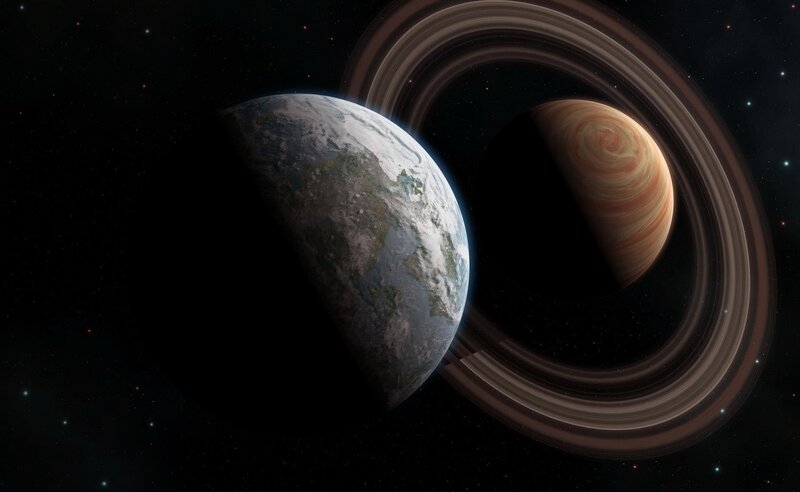 Earth and ringed planet