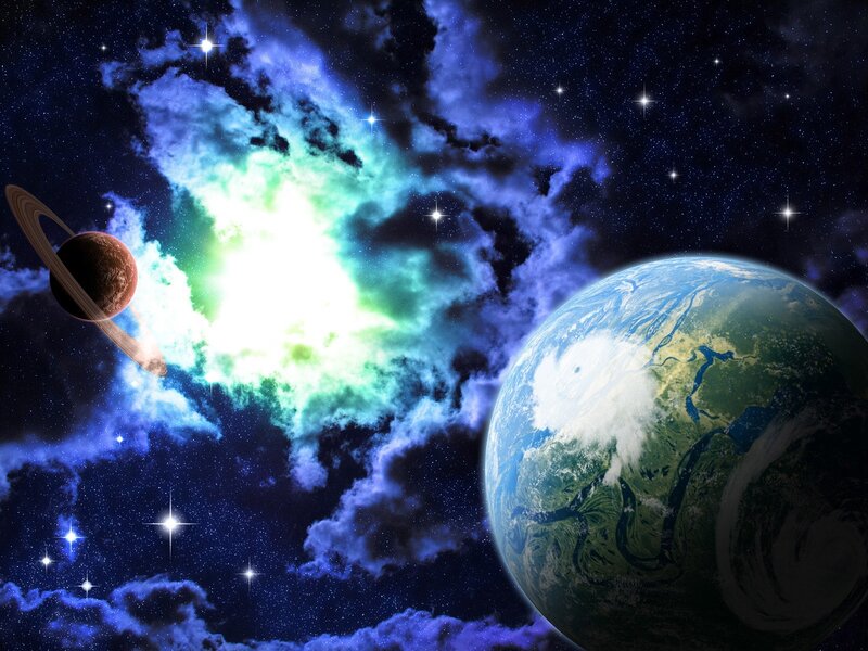 Earth and Saturn in Space — Blue