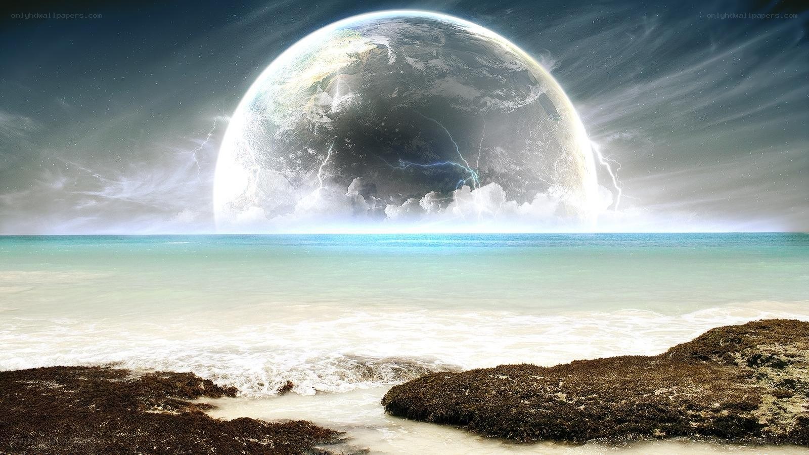 Earth as a moon over ocean