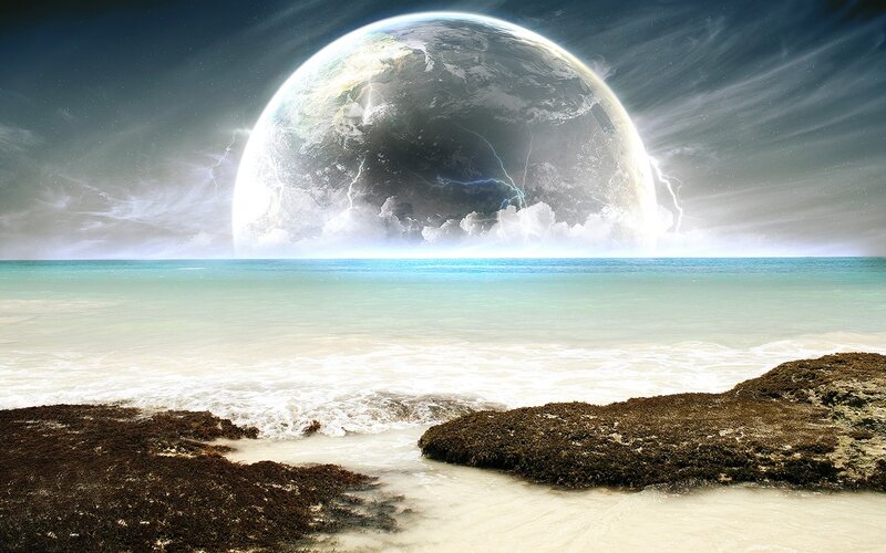 Earth as a moon over ocean