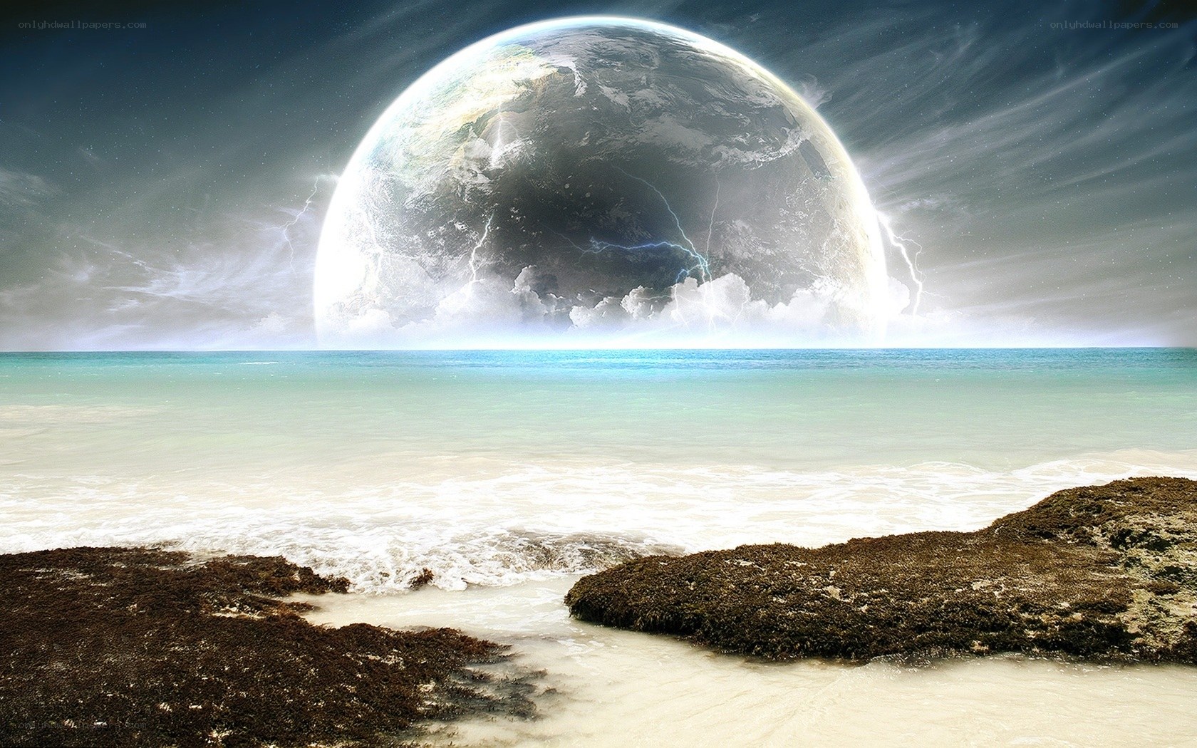 Earth as a moon over ocean