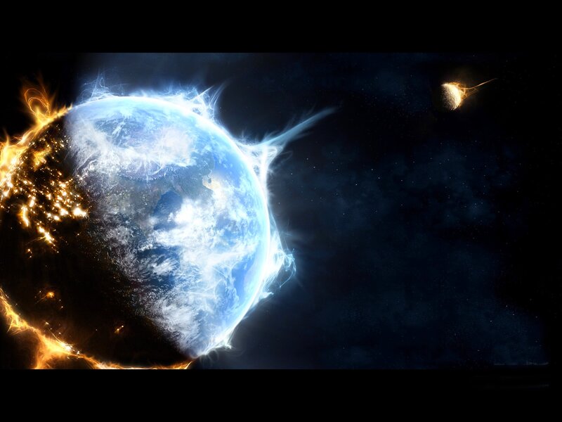 Earth Being Struck by Asteroid — Blue, Dramatic, Digital Art, Space, Fire