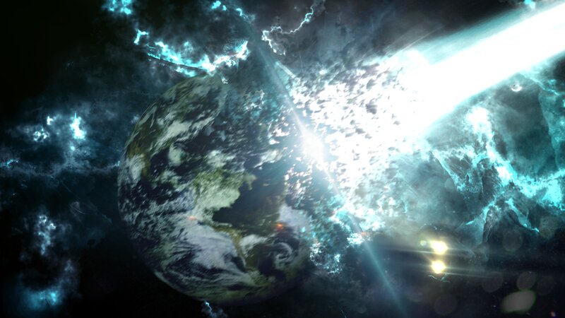Earth Being Struck by Asteroid — Blue, Dramatic, Digital Art, Space
