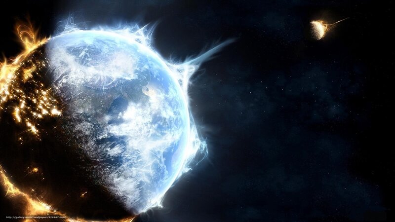 Earth Being Struck by Asteroid — Blue, Dramatic, Digital Art