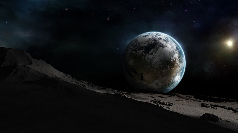 Earth from Moon Surface — Black, Dramatic, Night, 3d Render, Planet