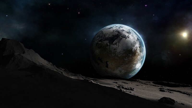 Earth from Moon Surface — Black, Dramatic, Night, Digital Art, Planet, Stars, Sun