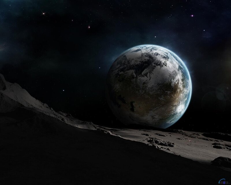 Earth from Moon Surface — Black, Dramatic, Night, Digital Art, Planet
