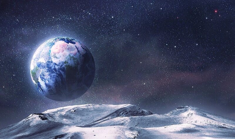 Earth from Moon Surface — Blue, Dramatic, Night, Digital Art, Planet