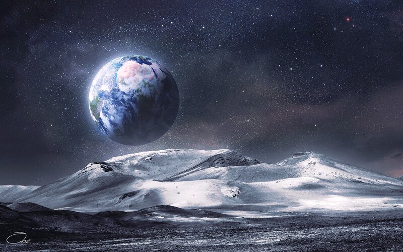 Earth from Moon Surface — Blue, Dramatic, Night, Digital Art