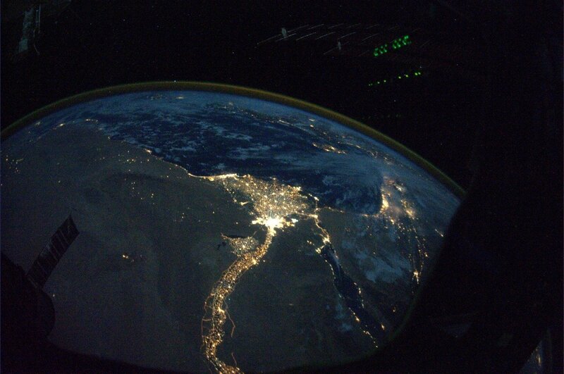 Earth from Space at Night — Black, Dramatic, Photograph, City Lights, Clouds, Space Station, Blue