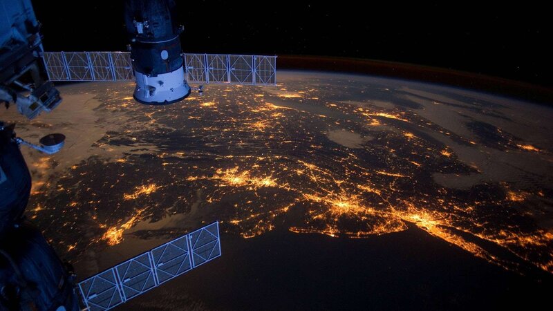 Earth from Space at Night — Black, Dramatic, Photograph, Space Station, City Lights, Planet