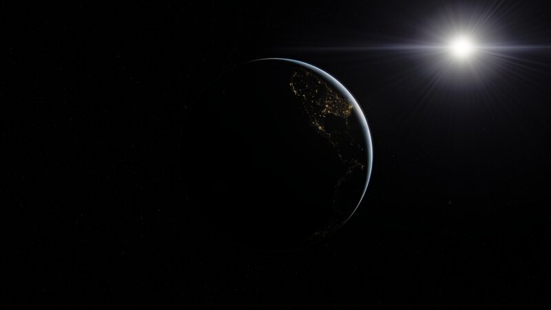 Earth from Space at Night — Black, Serene, 3d Render, Sun, Continent Lights