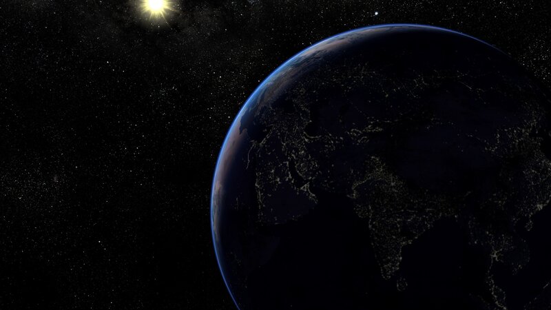 Earth from Space at Night — Black, Serene, 3d Render, Sun, Stars