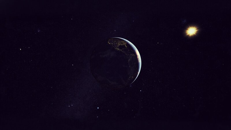 Earth from Space at Night — Black, Serene, 3d Render, Sun