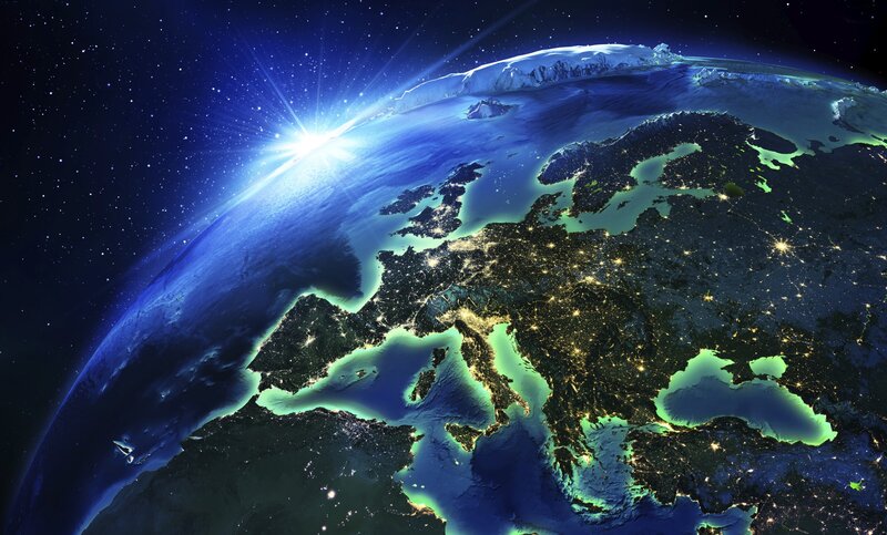 Earth from Space at Night — Blue, Dramatic, Digital Art, Stars, Continent