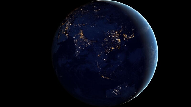 Earth from Space at Night — Blue, Serene, Photograph, Continent Lights, Clouds