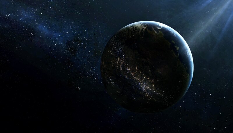 Earth from Space — Black, Dramatic, Night, Digital Art, Stars, Moon