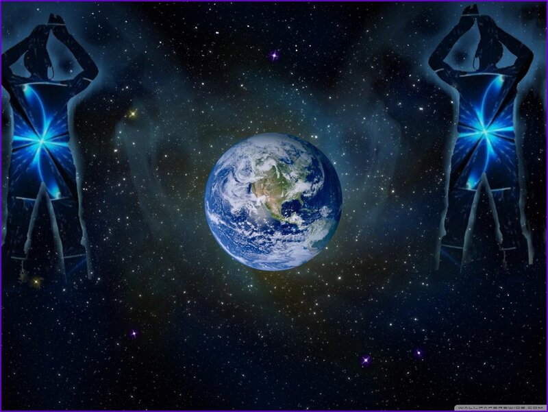 Earth from Space — Blue, Cosmic, Night, Digital Art, Silhouettes