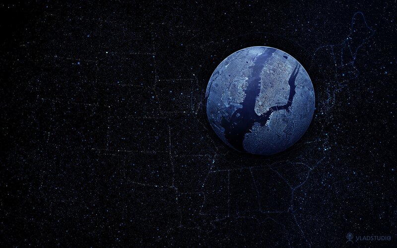 Earth from Space — Blue, Cosmic, Night, Digital Art, Stars, City Map, River