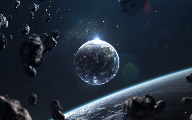 Earth from Space — Blue, Dramatic, Digital Art, Asteroids