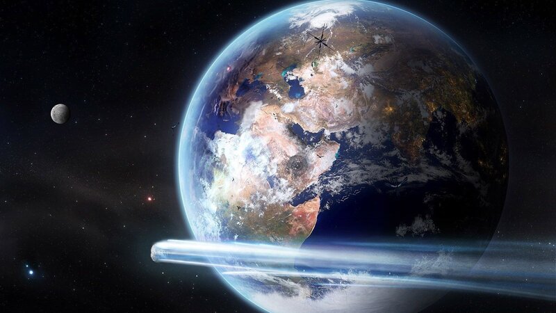 Earth from Space — Blue, Dramatic, Digital Art, Moon, Asteroid, Stars