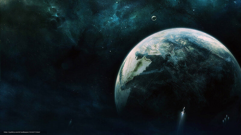 Earth from Space — Blue, Dramatic, Digital Art, Planet, Moon, Spaceship