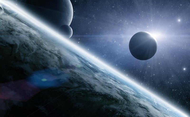 Earth from Space — Blue, Dramatic, Digital Art, Planet, Moon, Stars