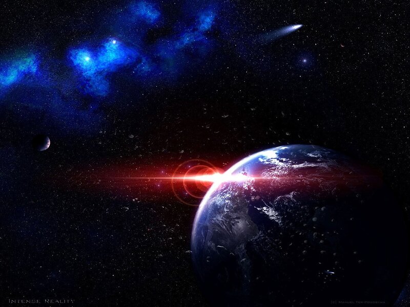 Earth from Space — Blue, Dramatic, Digital Art, Planet, Moon