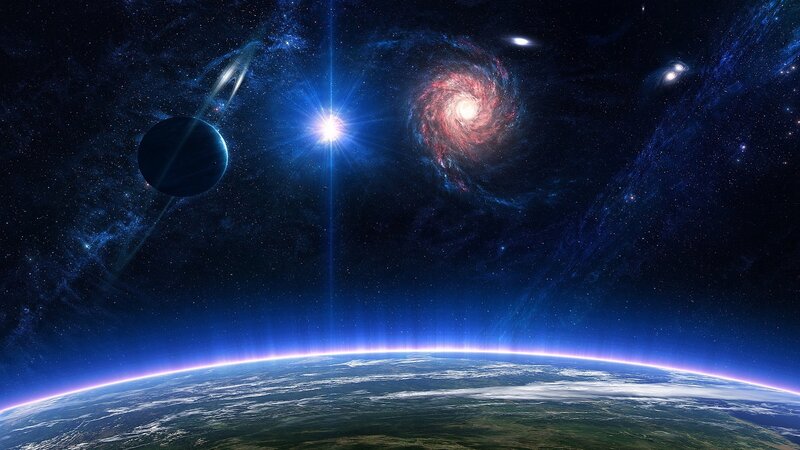 Earth from Space — Blue, Dramatic, Digital Art, Planet, Star, Galaxy, Ringed Planet