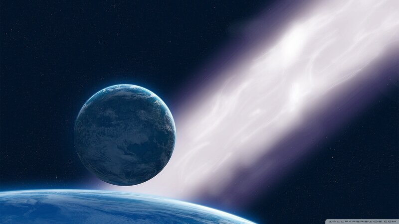 Earth from Space — Blue, Dramatic, Digital Art, Planet, Stars, Light Beam