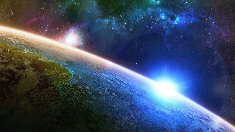 Earth from Space — Blue, Dramatic, Digital Art, Planet, Stars, Nebula, Green