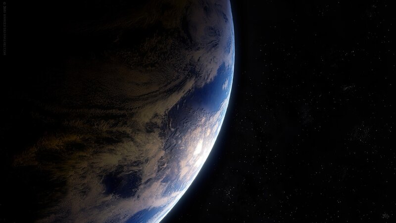Earth from Space — Blue, Dramatic, Digital Art, Stars, Clouds, Planet, Black