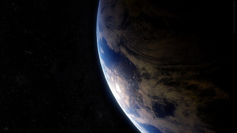 Earth from Space — Blue, Dramatic, Digital Art, Stars, Clouds, Planet