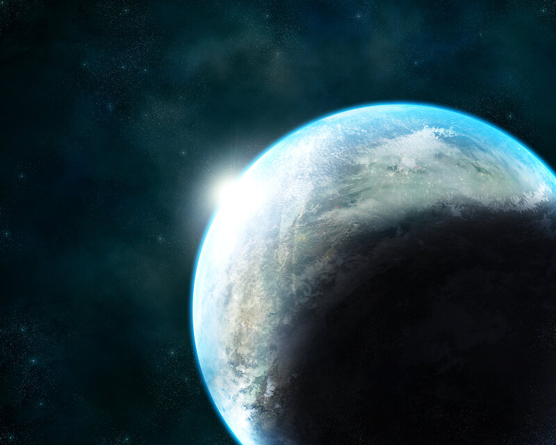 Earth from Space — Blue, Dramatic, Digital Art, Stars, Clouds, Sunlight