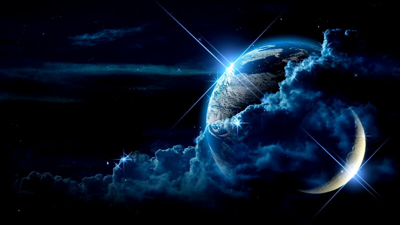 Earth from Space — Blue, Dramatic, Night, Digital Art, Clouds, Stars, Moon