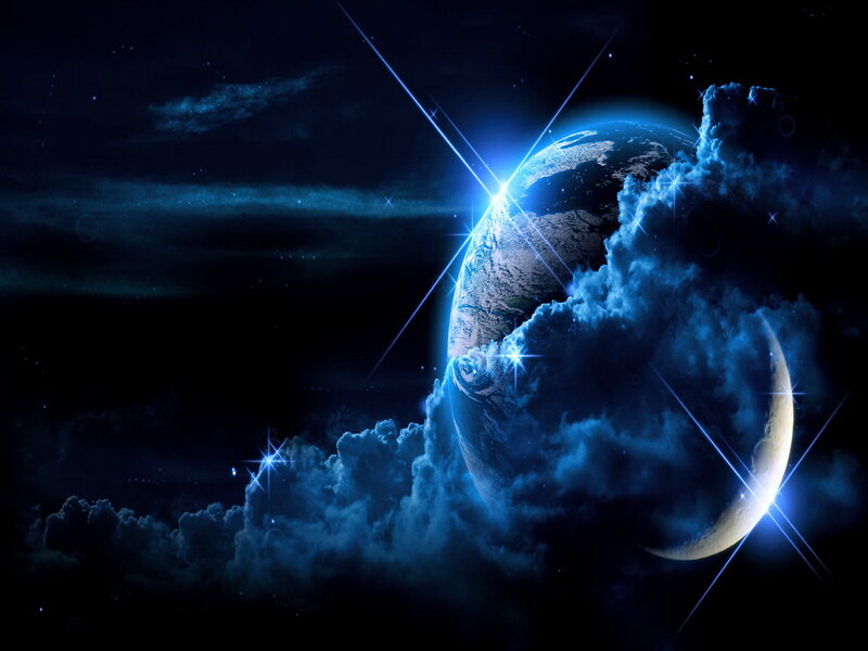 Earth from Space — Blue, Dramatic, Night, Digital Art, Clouds, Stars, Planet