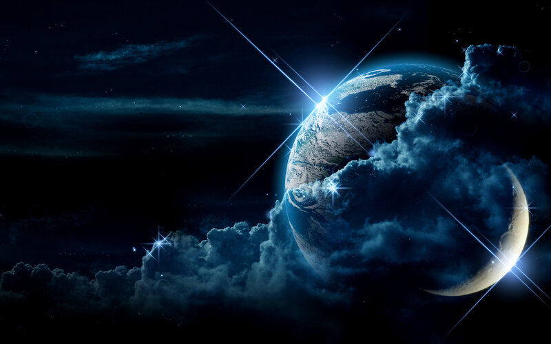 Earth from Space — Blue, Dramatic, Night, Digital Art, Clouds, Stars