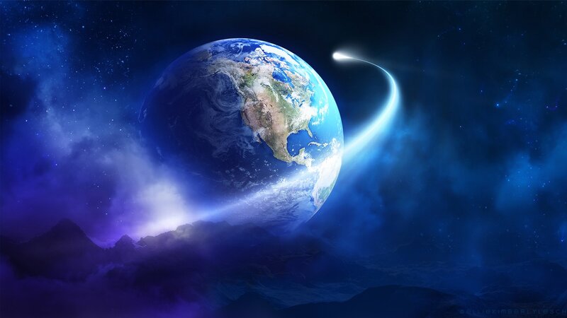Earth from Space — Blue, Dramatic, Night, Digital Art, Comet, Stars